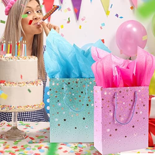 2 Pack Gift Bag, Medium Size Present Bag with 4 Tissue Paper Gift Bags for Birthday Party 18 X 23 X 10 cm