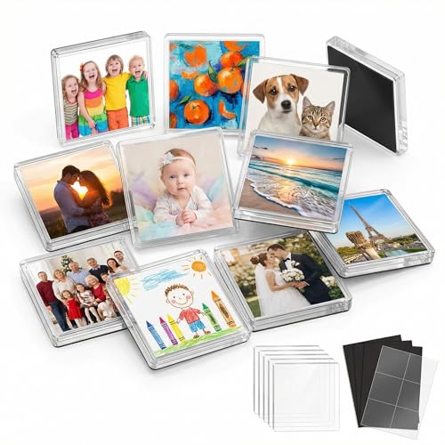 Image of YOJO 12 Pack 2x2 Inch Clear Acrylic DIY Fridge Magnets Set, Blank Square Magnetic Photo Frames with Adhesive Backing, Custom Picture Refrigerator Magnet Craft Kit for Kitchen Office Classroom Deco