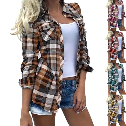 Camisa de mujer elegante y elegante, camisa anti UV para mujer manga larga Blusa a cuadros Blusas estampadas Cardigan con botón Top Manga Larga Top Nueva Ropa Casual Corta Loungewear, marrón, M
