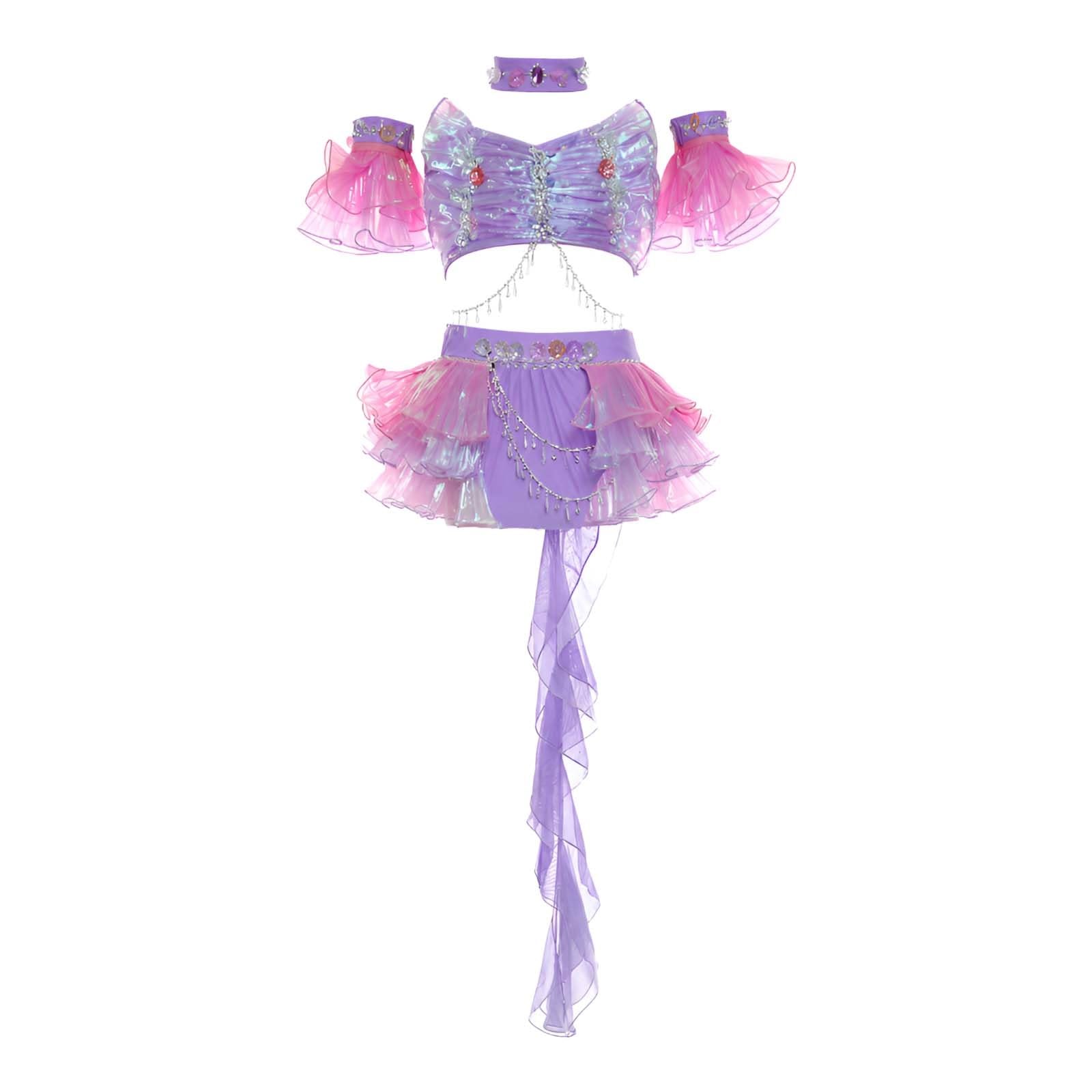 Costume da Danza Lirica Donna Due Pezzi con Balze per Competizione | Completo da Danza Classica, Spandex Elasticizzato con Gonna in Tulle a Balze e Maniche Rimovibili, Strass per Palco
