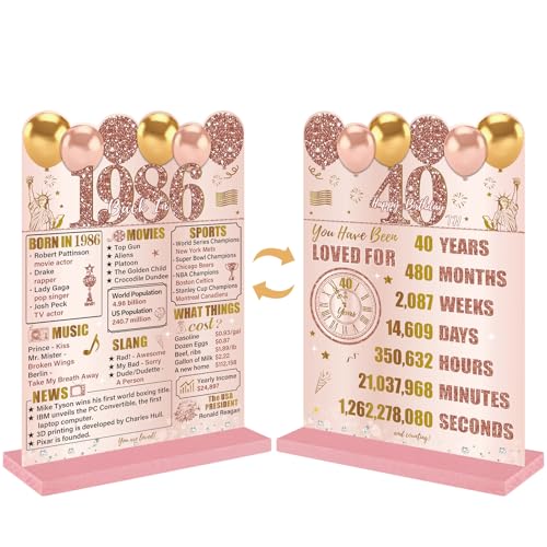 Image of Guiruiy Pink Rose Gold 40th Birthday Decorations for Women, Two-Sided Vintage 40 Back in 1986 Theme Poster Wooden Table Sign with Stand, Forty Years Old Bday Centerpieces Holder for Table Decor