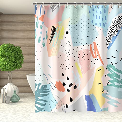 RosieLily Modern Abstract Shower Curtain, Colorful Pink Minimalist Geometric Art for Bathroom, Blue Green Yellow Decor, 72