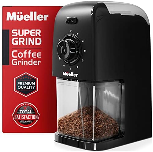 Mueller SuperGrind Burr Coffee Grinder Electric with Removable Burr Grinder Part - 12 Cups of Coffee, 17 Grind Settings with 5,8oz/164g Coffee Bean Hopper Capacity, Matte Black