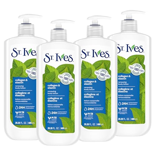 St. Ives Renewing Hand & Body Lotion for Women with Pump Daily Moisturizer Collagen Elastin for Dry Skin Made with 100% Natural Moisturizers 21 fl oz 4 Pack