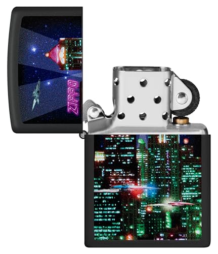 Image of Zippo Cyber City Windproof Lighter - Futuristic Neon Skyline Design, Matte Finish,Pocket Fuel Refillable Windproof Lighter, BIS Certified