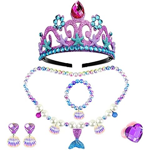 Keenjorika 6pcs Girls Princess Necklace Bracelets Ear Clips Set Mermaid Crown Pendant Colorful Plastic Princess Party Dress Up Pretend Play Christmas Gift Cover
