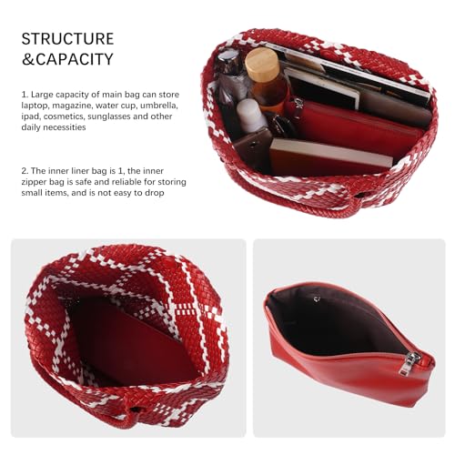 Image of Woven Tote Bag Womens Purse Vegan Leather Shoulder Handbags Fashion Summer Beach Tote Bags Large Travel Totes