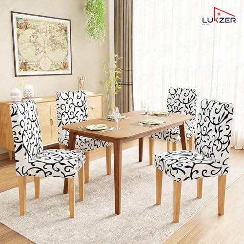 Image of Lukzer 1PC White Design Stretchable Dining Chair Cover | Universal Fit Removable Washable Slipcover | 140 GSM Polyester + Spandex | Elastic Protective Cover for Home & Hotel Chairs Seat Slipcover