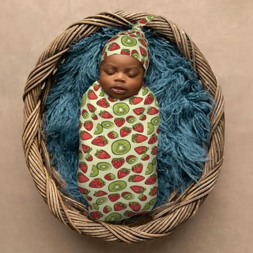 Image of Painting Kiwis and Strawberries Newborn Swaddle Blankets Hat Sets Soft Baby Receiving Blanket Swaddle Sack for Baby Shower Infant Boy Girl Gift