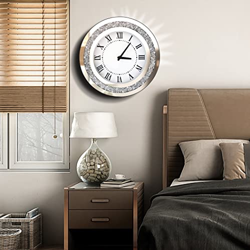 Dmdfirst Silver Round Mirror ,12Inch Crystal Sparkle Twinkle Bling Crush Diamond Mirrored Wall Clock For Wall Decoration Silver Glass Mirror Home Decor. Aa Battery Is Not Included. #TOP3