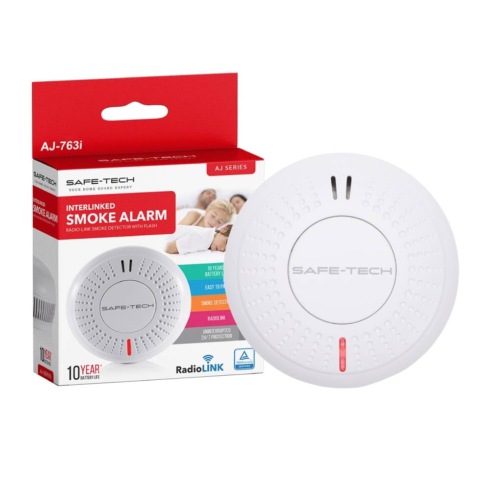 Safe Tech White Safe-Tech Radio Interlinked Smoke Alarm, En 14604:2005 Wireless Interlink Smoke Detector 10 Years Photoelectric Sensor Interlinked Smoke Alarm For Home Long Life Tamperproof For Scotland