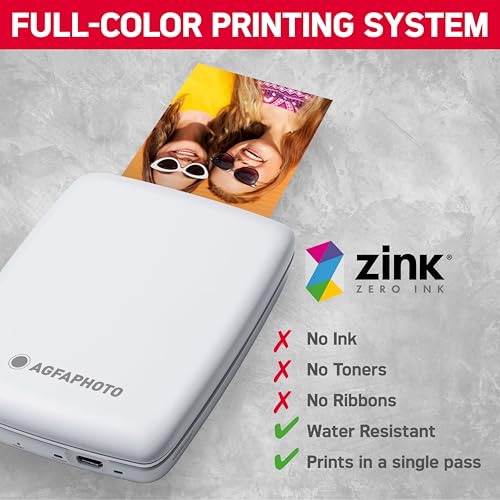 AgfaPhoto Mini P.2 – Tragbarer Zink-Drucker für Sofortbilder – Einfach und schnell drucken – 75 × 50 mm Tragbarer und tintenfreier Fotodrucker für Smartphones und Tablets – Weiß