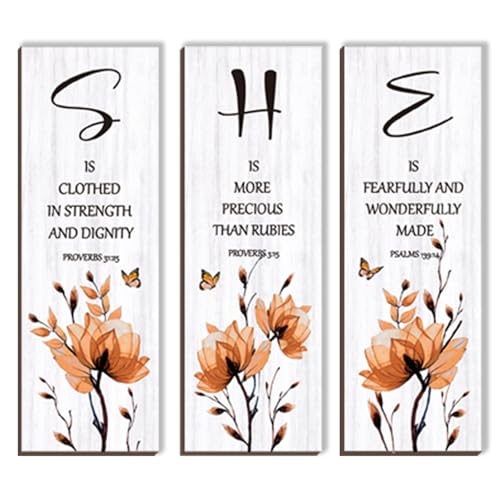 DONFENTHY 3 Pieces Orange Bedroom Decor Orange Floral Bathroom Decor Wooden Hanging Wall Art Christian Quotes SHE Word Sign Gift for Women Bedroom Living Room Office (12x4 Inch)