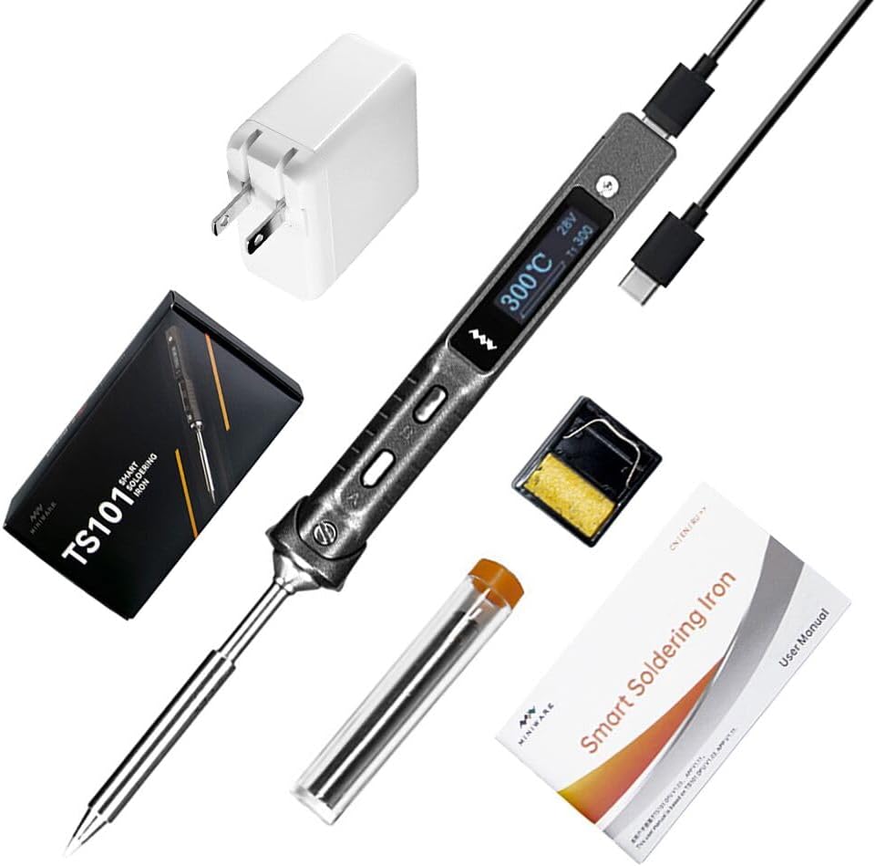 MINIWARE Mini Electric Soldering Iron Kit TS101, Powered by 65W Power Adapter, Adjustable Temperature 50℃-400℃, Programmable, Type-C, OLED Display, Black