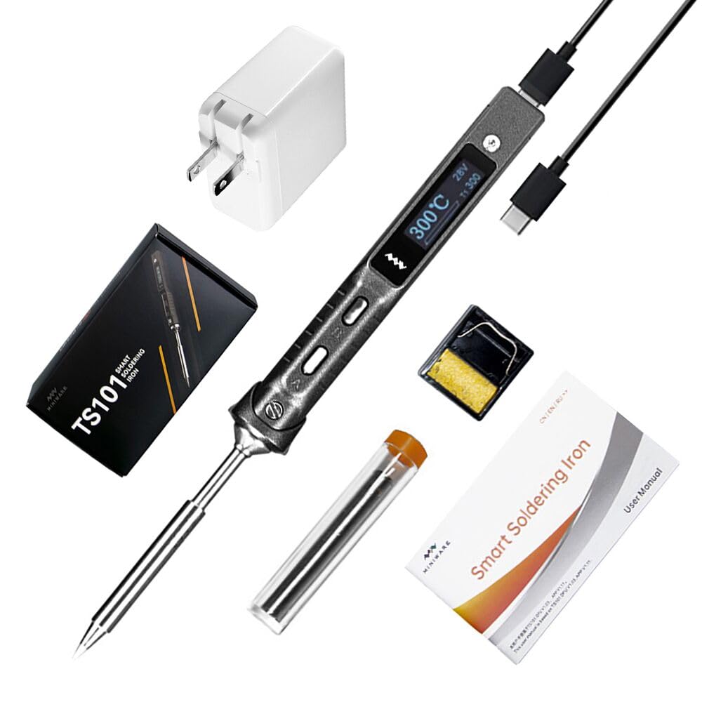 MINIWARE Mini Electric Soldering Iron Kit TS101, 45W Power Supply, Adjustable Temperature 50℃-400℃, Programmable, Type-C, OLED Display, Powered by USB Wall Charger, Black