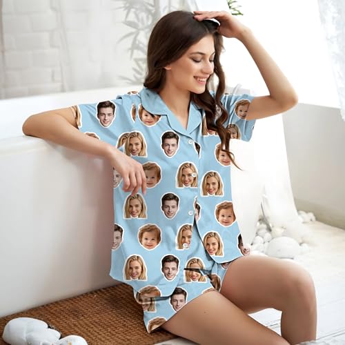 Personalized Women Pajamas Set with Photo, Custom Pet Face Button Down Pajamas Lounge, Gifts for Wife Girlfriend Mom2