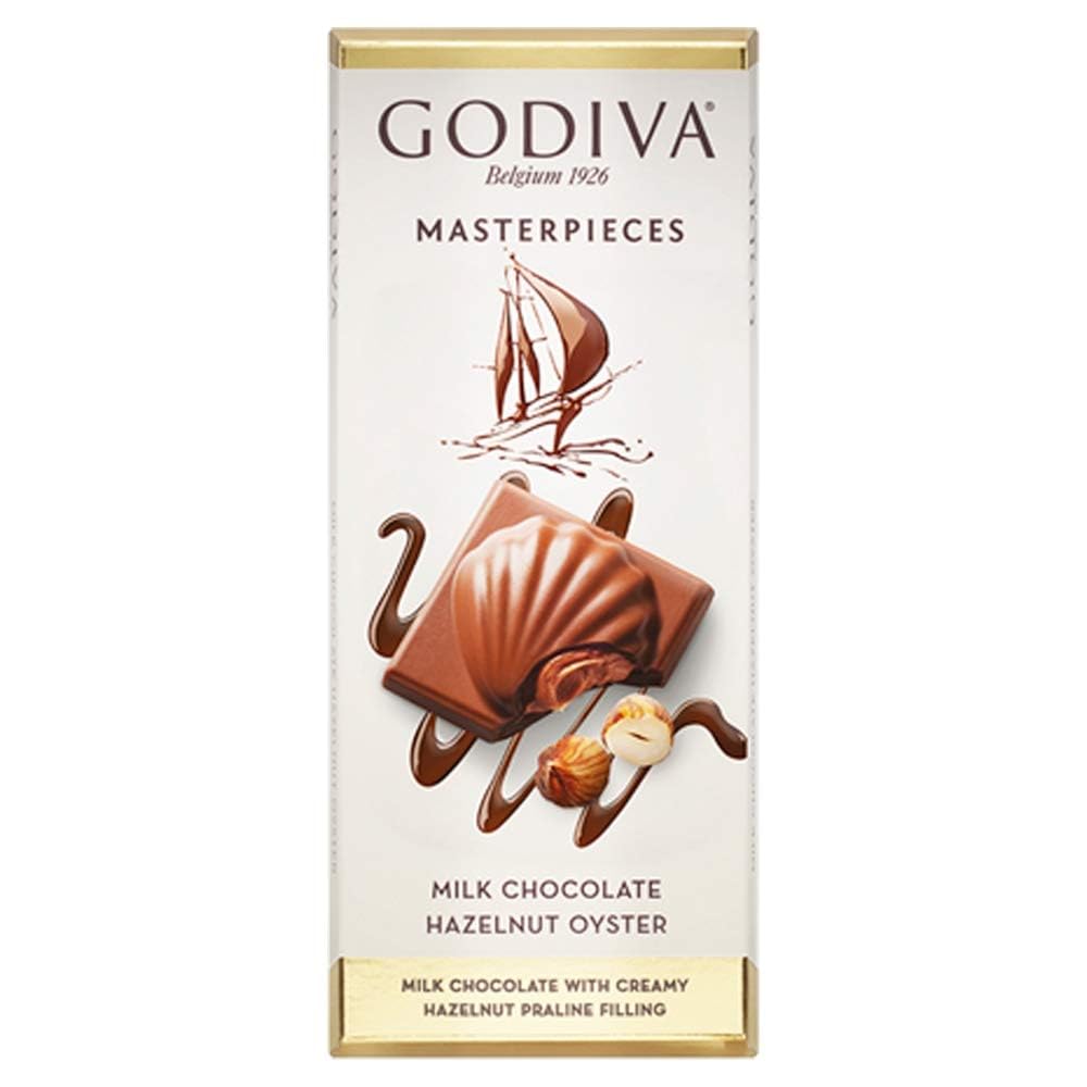 Godiva Masterpieces Hazelnut Oyster Tablet – Smooth and Creamy Milk Chocolate with Rich Velvety Hazelnut Filling – Delicious Chocolate Experience – Elegant Gourmet Gift or Decadent Treat – 83g