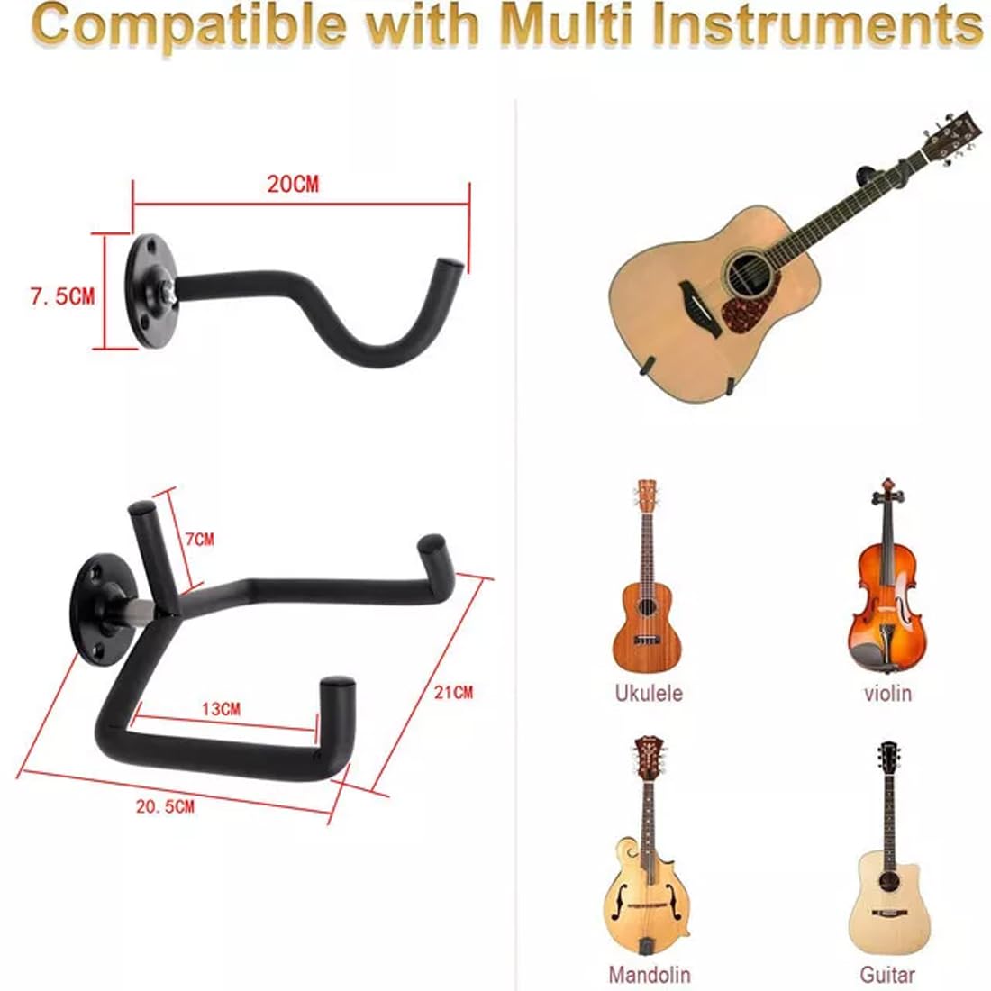 Uchwyt ścienny poziome wieszaki na gitarę i haki do akustycznej, elektrycznej, klasycznej, basowej i ukulele