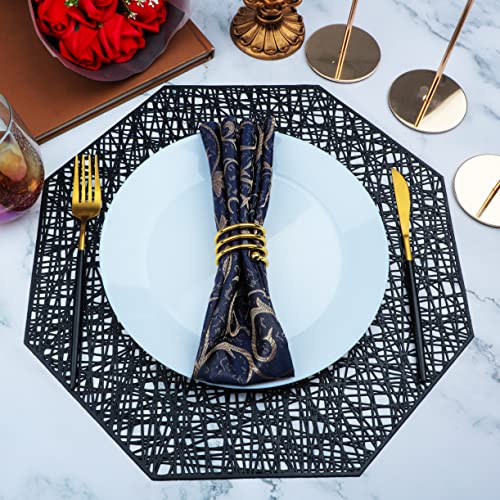 Snowkingdom Black Placemats Set Of 6 Octagonal Metallic Pressed Hollow Out Vinyl Dining Table Mats Centerpiece Decoration 15" #TOP1