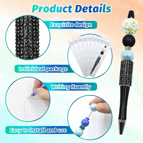 Image of 75 Pcs DIY Diamond Beadable Pen Kit - 25 Plastic Rhinestone Beaded Pens Bulk with Refills & Bags - Fancy Cute Glitter Pens for Crafting, Students & Teachers - School Supplies (Black)