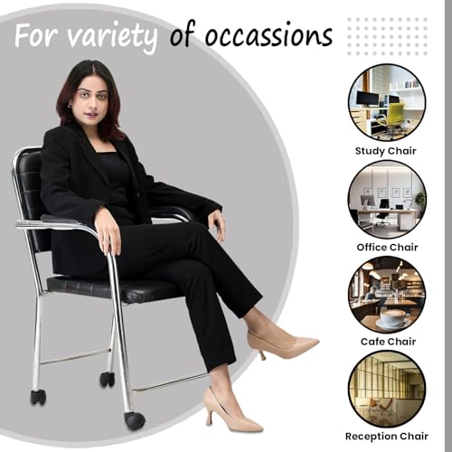 Image of Revolving Executive Manager Office Visitor Study Chair With Arm Rest & Wheels - Steel Frame, Cushion Seat Back, Holds up to 100 kg (Black)