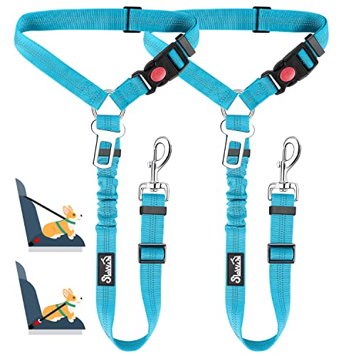 Lukovee Dog Car Seat Belt, 2 Pack Headrest Restraint Seatbelt, Adjustable Pet Safety Leads with Reflective Elastic Bungee for Dog Harness Collar Travel Daily Use (Tiffany Blue,Headrest+Clip)