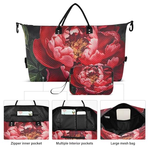 Large Travel Duffel Bag, Penoy Red Green Leaf Sports Tote Gym Bag, Shoulder Weekender Overnight Bag for Women Men, Carry On Luggage with Toiletry Bags2
