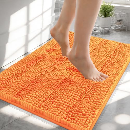 Image of OLANLY Thick Small Bathroom Rugs 24x16, Extra Soft Absorbent Chenille Striped Bath Rugs, Rubber Backing, Machine Wash, Bath Mats for Bathroom Floor, Tub and Shower, Home Decor Accessories, Orange