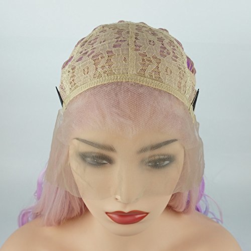 Miniatura 7 de meiyite pelo ondulado largo de 26inch rosa y morado claro y azul claro mezcla alta densidad realista sintético peluca de encaje frontal