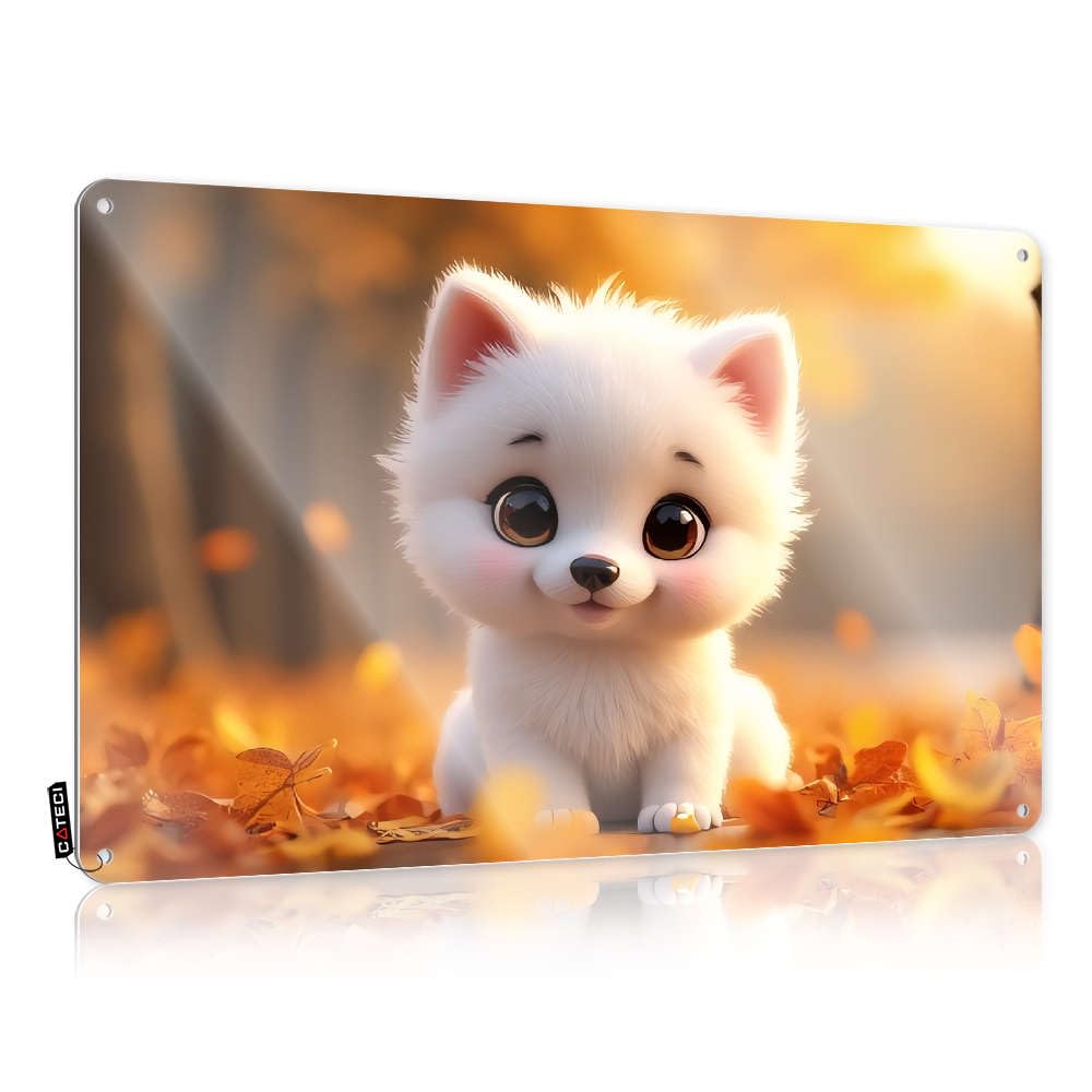 Wall Gift For Husband Art | A Cute White Puppy Sitting On Autumn Leaves. Old Decorative Wall Art Ready To Hang For Backyard Bar(30X40CM)