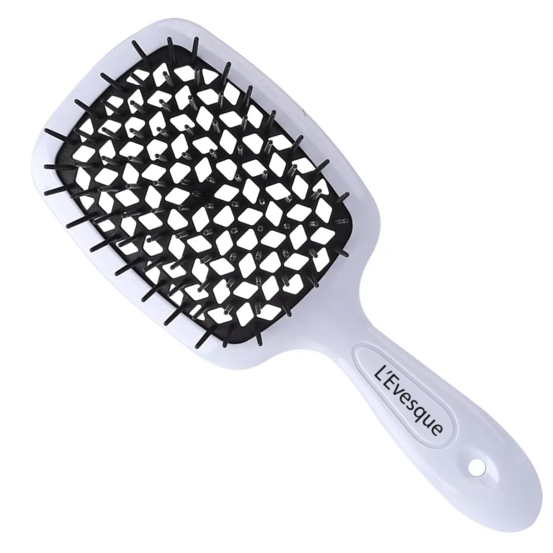 L' Evesque Premium Detangling Hair Brush, Massage Curl Comb for Natural Curly Wet Dry Hair, Long and Fezzy Hair Blow Drying, Professional Hair Comb Women Men, Wet Brush and Tangle Free (White - Black)