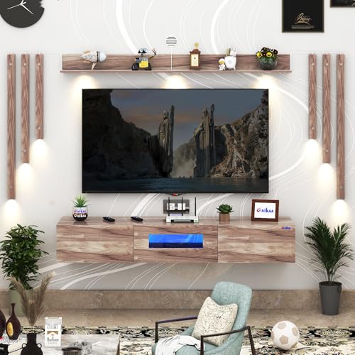Image of Anikaa LucenNote Engineered Wood Wall Mount TV Unit with Acrylic Blue LED Storage Box, Wooden Accent Spotlight Panels for Living Room, Fits Up to 50 Inch TV, Coachwood, DIY Installation