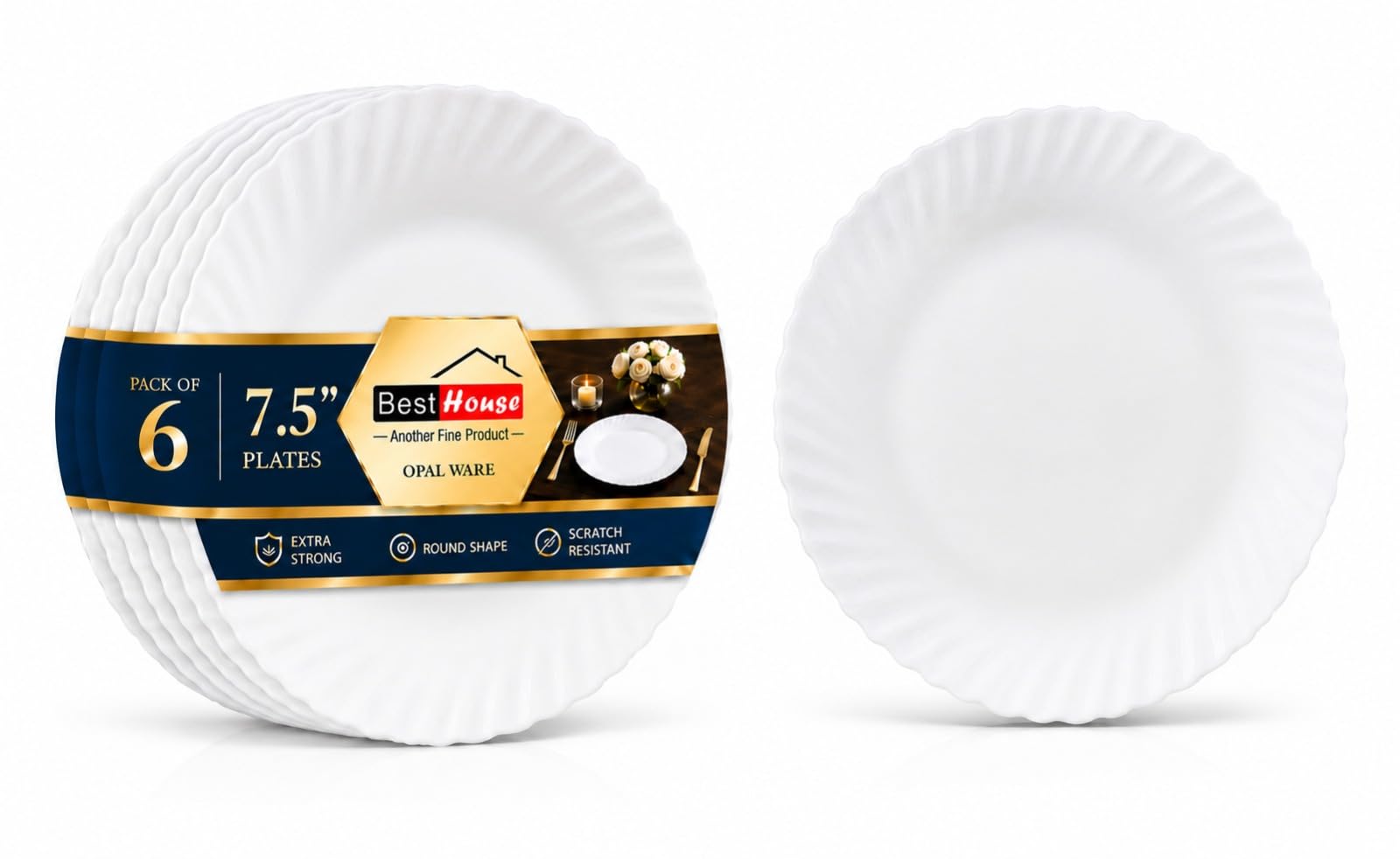 BH | Opalware Round Dessert Plates White | Set of 6 | 7.5"/19 cm | Microwave, Oven, and Dishwasher Safe, Serving Opal Dinnerware Set for Everyday Dining, Kitchen, and Home - by Best House
