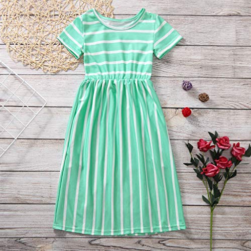 Cute Kids Girls Short Sleeve Stripe Dress Summer Casual Loose Dresses Holiday Long Maxi Dress with Pockets 2~12Y2