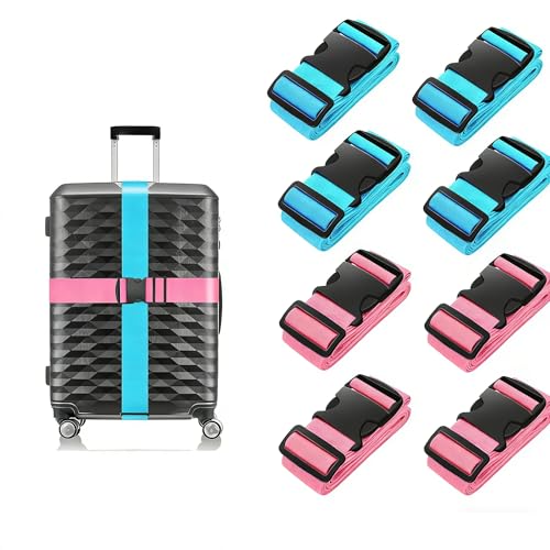 Image of BILIONE Luggage Straps, 79 inch Long Belts Keep Suitcase Secure While Traveling, TSA Approved Add a Bag Premium Accessory for Travel Bag Closure (Blue+Rose Pink, 8Pcs)