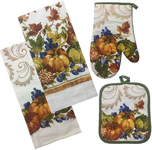 Thanksgiving Fall Harvest Kitchen Linens Set - Woodland Animals - 2 Dish Towels, Oven Mitt, Pot Holder - 4 Piece Bundle (Pumpkin Scroll)