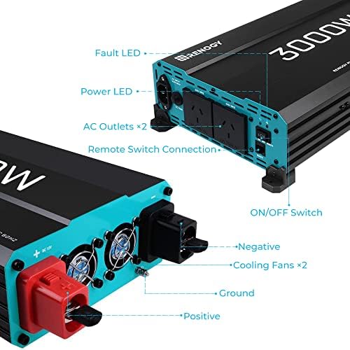 Renogy 3000W 240V Off-Grid Pure-Sine Wave Inverter & UPS Function 3000 Watt Solar Power Converter 12VDC to 230VAC ETL Listed w/Cables
