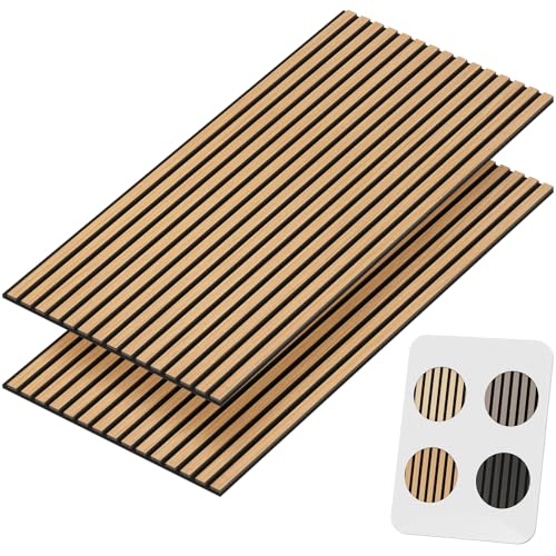 TONOR Set di 2 Pannelli Fonoassorbenti in Legno Impiallacciato, 120 x 60-1.44㎡, Pannelli Acustici da Fissare alla Parete, Schiuma Decorativa 3D per Soggiorno, Ufficio, Bancone a Isola, Teak