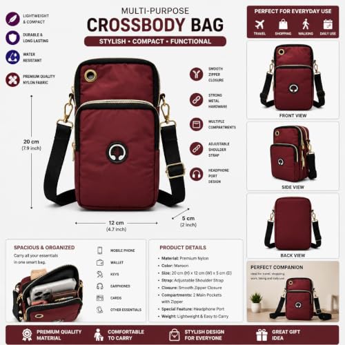 Image of Multi-Purpose Crossbody Bag, Maroon, 20x12x5 cm, Nylon
