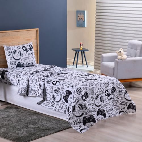 Colcha Cobre Leito Jogo Roupa Cama Solteiro 2 Peças Matelado Quarto Criança Infantil Fronha Game Bra