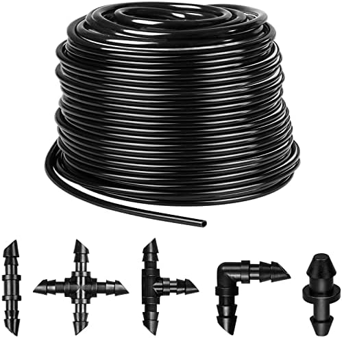 JAYEE 100Ft 1/4 Inch Drip Irrigation Tubing with 33 Pcs Drip Irrigation Parts - 10 Couplings, 10 Tees, 4 Elbows, 4 4-Way Couplings, 5 End Plugs - Drip Irrigation Kit for Drip or Sprinkler Systems
