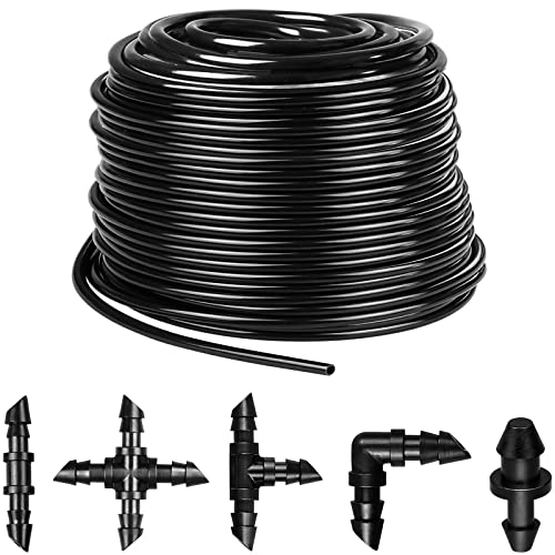 Jayee 100Ft 1/4 Inch Drip Irrigation Tubing With 33 Pcs Drip Irrigation Parts - 10 Couplings, 10 Tees, 4 Elbows, 4 4-Way Couplings, 5 End Plugs - Drip Irrigation Kit For Drip Or Sprinkler Systems #TOP2