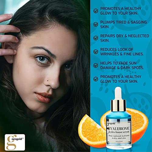 Neogold Hydrating Hyaluronic Acid Serum For Face | Vitamin E + Vitamin C Facial Moisturizer For Restoring Skin Barrier | Helps Renew, Firm, & Minimize Wrinkles, Age Spots, & Dull Dry Skin, 2 Fl Oz #TOP2