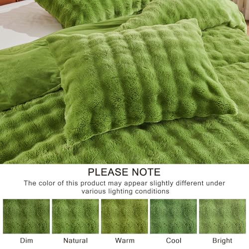 Image of EMME Faux Fur Duvet Cover Twin Size, 2 Pieces Ultra Soft Fluffy Comforter Cover, Cozy Warm for Winter, Luxury Elegant Shaggy Bubble Design Bedding, 1 Duvet Cover & 1 Pillow Shams (Twin, Green)
