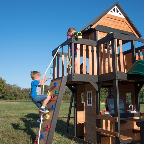Backyard Discovery Canyon Creek Cedar Wood Swing Set with Wave Slide, Clubhouse, Play Kitchen, Picnic Area, Belt Swings, Web Swing, Rock Wall, Balconies, Playhouse, Step Ladder, Outdoor Playset - image 4