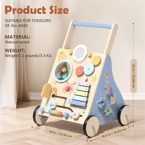 Image of Wooden Baby Walker, Baby Push Walker with Montessori Toy for Girls Boys, Toddler Walking Toys for 18 Months of Age and Over Learning to Walk, Sit-to-Stand, Baby Activity Center for Kids Development