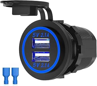 Dual USB Charger Socket, Linkstyle 12V 4.2A Car Charger Power Outlet with Blue LED Display, Waterproof USB Car Socket Dual Charging Ports for Most 12-24V Car RV Boat Marine Motorcycle Mobile