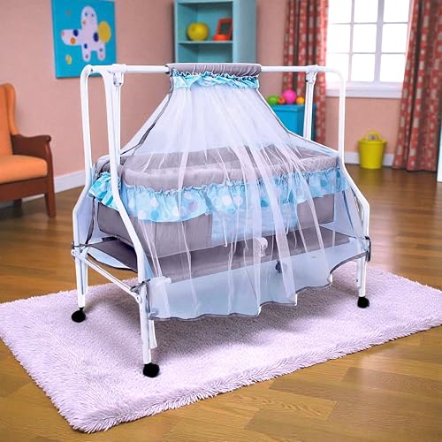 Kiddery Ares | Cradle for Baby | New Improved Mattress Design | Mosquito Protection Net | Smooth Swing | All Wheel Lock | Palna | Jhula | Uyyala | 0-8 Months | Blue