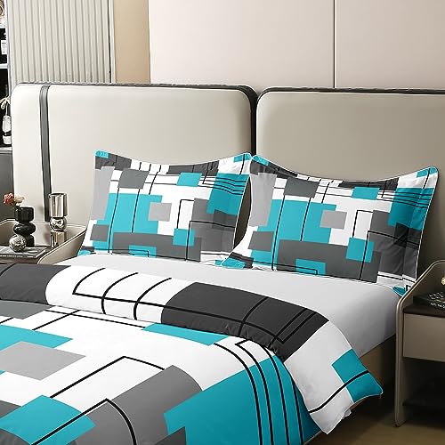 100% Cotton Geometric Square Duvet Cover King Teal Grey Bedding Set Black Gray Turquoise Comforter Cover for Kids Teen Adults Modern Abstract Lines Rustic Farmhouse Bed Set 2 Pillow Cases - Image 4