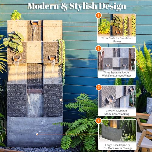 Bumilgar 45.3 Inch Garden Water Fountains Outdoor for Garden, Patio, Backyard, Deck, Porch and Home Art Decor, 3 Tiers Modern Cascading Outdoor Waterfall Fountain with Lights
